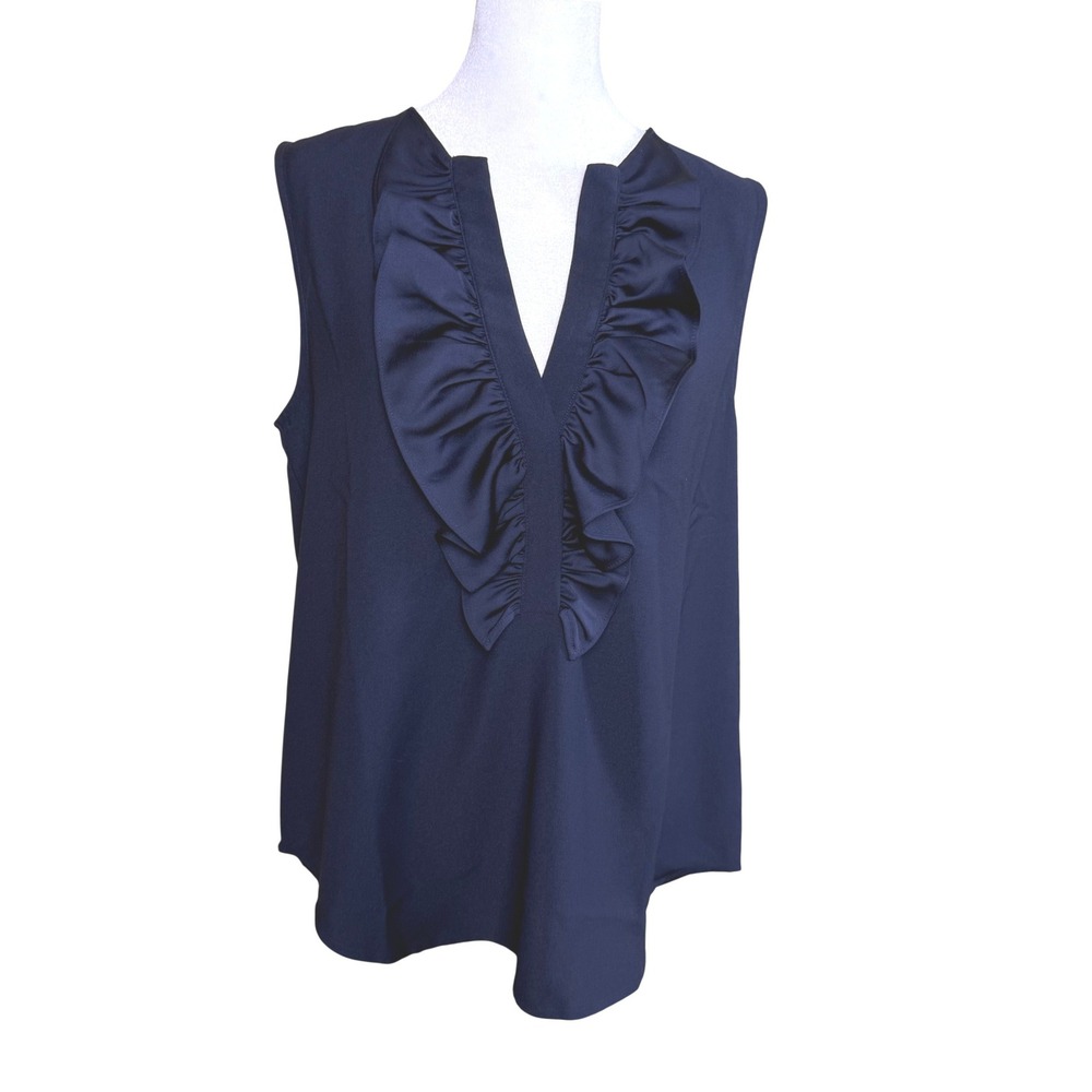 J. Crew Ruffle Front Blouse Women Small Navy Blue Sleeveless V-Neck Office Wear